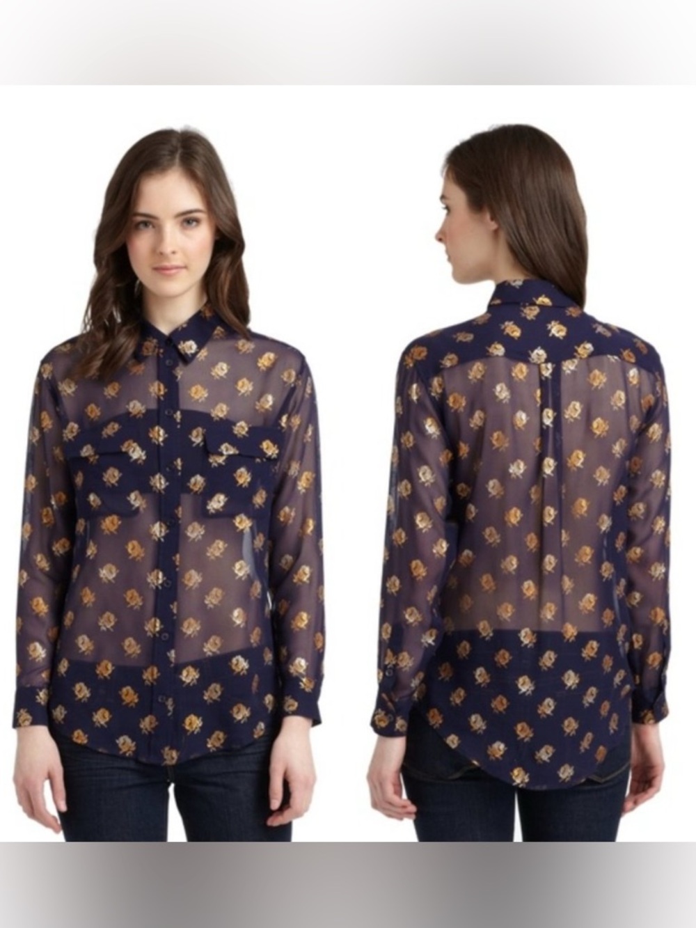 Equipment Navy Sheer Button-Up Blouse with Gold Print